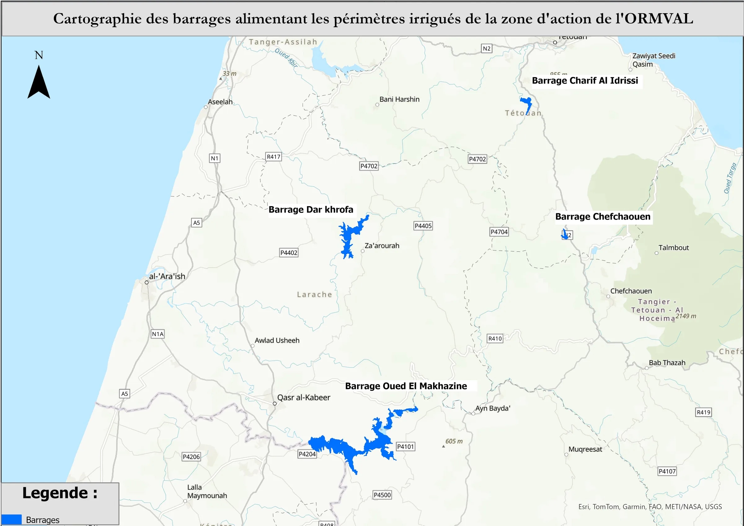 Carte des quatre barrages qui alimentent les périmètres irrigués de l'Office : Dar Khrofa près de Za'aroura, Oued El Makhazine au sud-est de Ksar El Kebir, Charif Al Idrissi près de Tétouan et Chefchaouen à l'est.