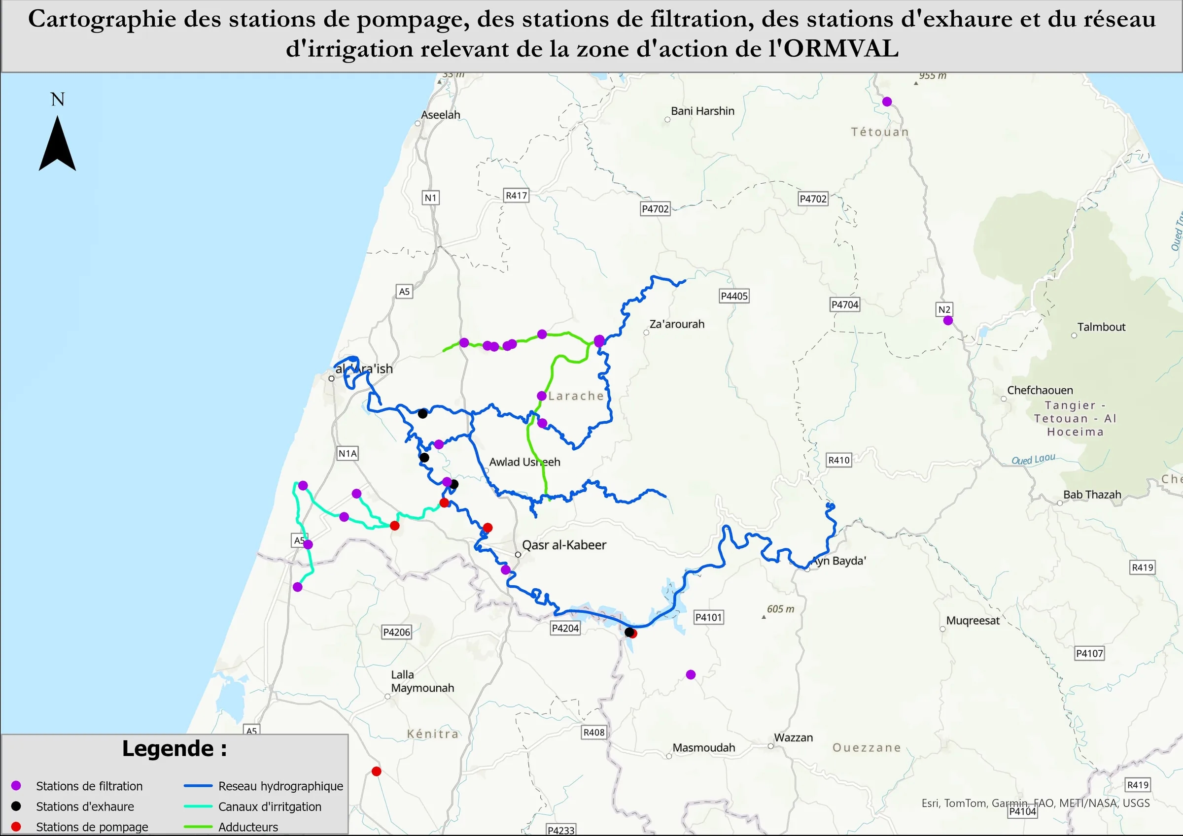 Carte du réseau d'irrigation de l'Office : le réseau hydrographique, les canaux d'irrigation et les adducteurs entre Larache, Ksar El Kebir et Tétouan, avec l'emplacement de chaque station de filtration, d'exhaure et de pompage.