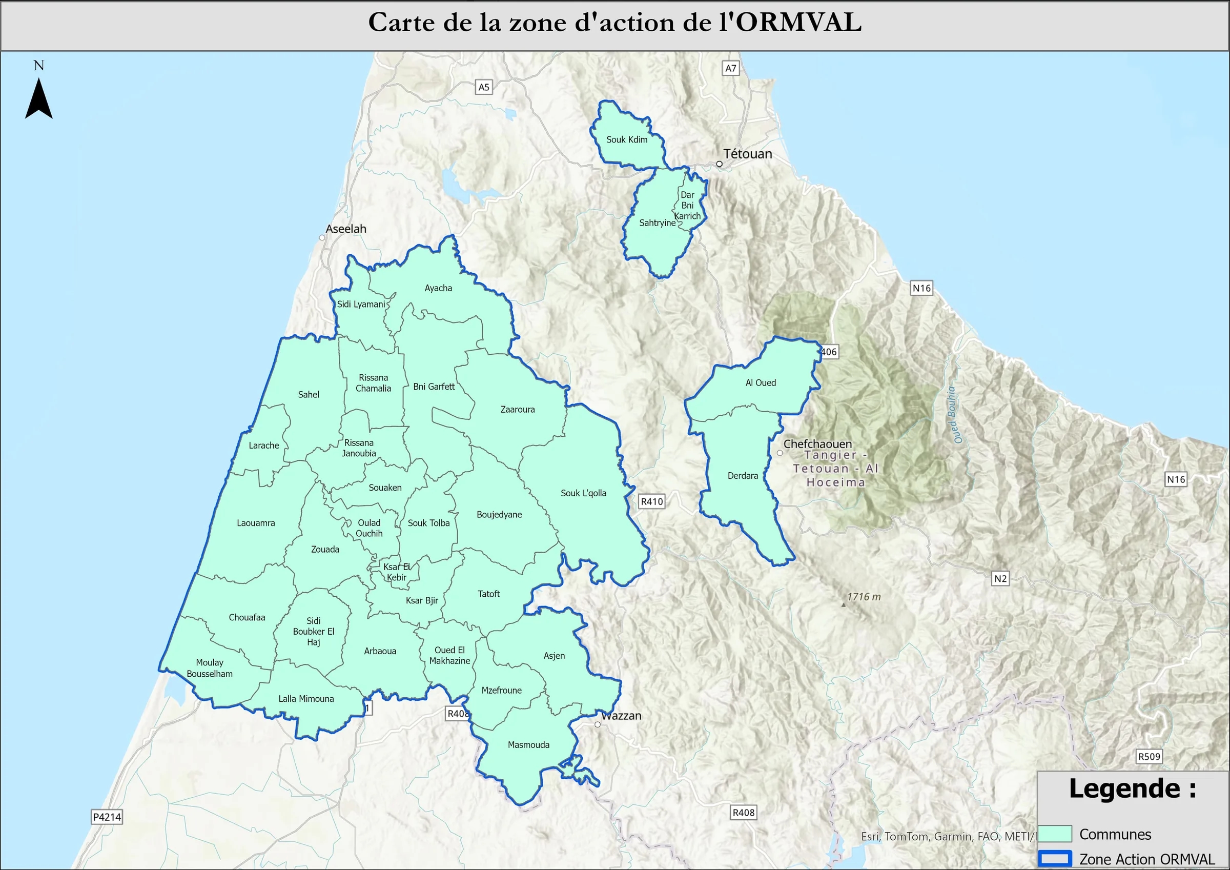 Carte de la zone d'action de l'ORMVAL détaillée par commune : d'Ayacha et Sidi Lyamani au nord jusqu'à Lalla Mimouna, Masmouda et Mzefroune au sud, autour de Larache et Ksar El Kebir, avec les enclaves de Souk Kdim et Sahtryine près de Tétouan et celles d'Al Oued et Derdara près de Chefchaouen.