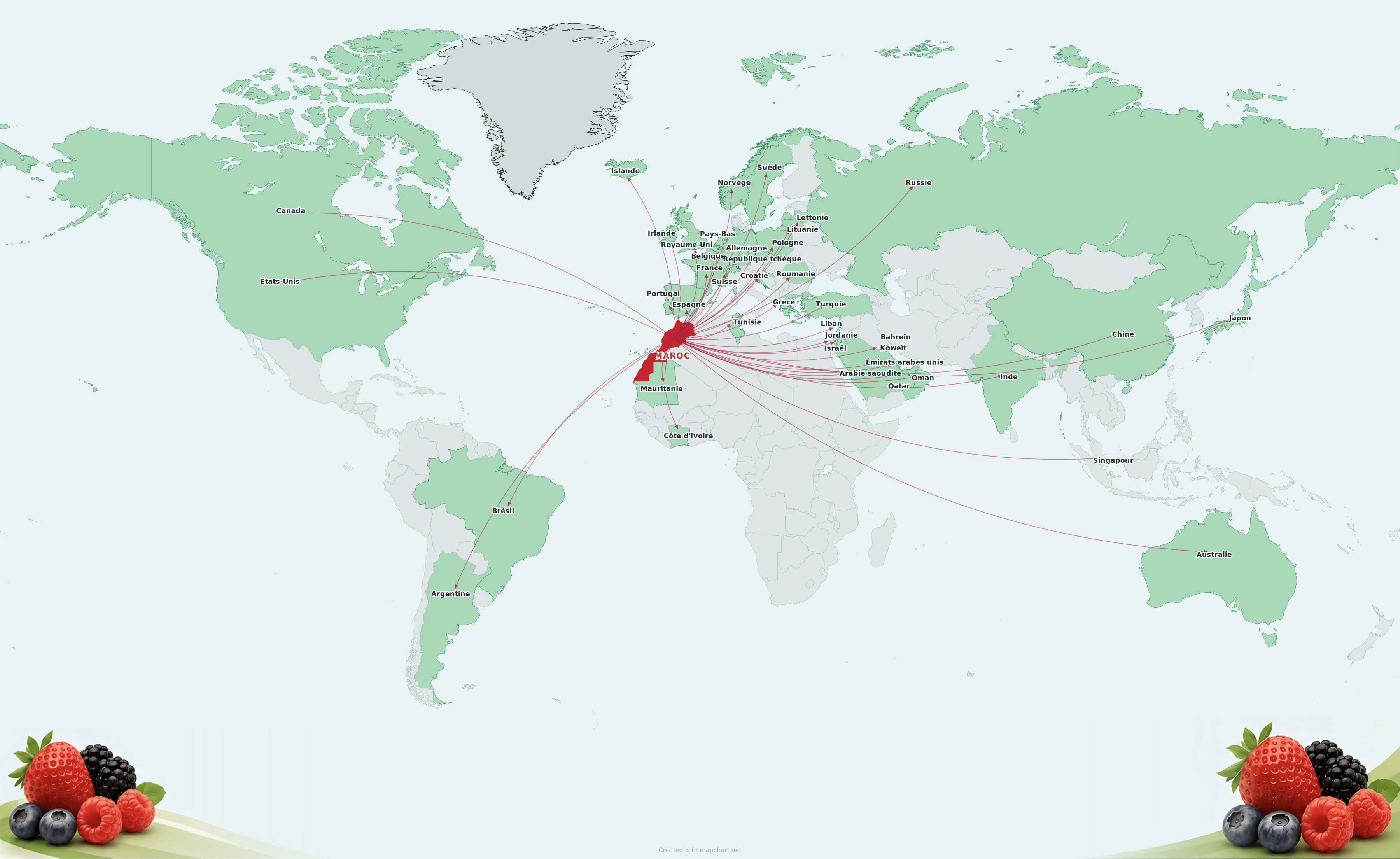 Carte du monde des destinations d'exportation des petits fruits rouges depuis le Maroc : l'Europe (Royaume-Uni, Irlande, France, Espagne, Allemagne, Pays-Bas, Belgique, Suisse, pays nordiques et baltes, Pologne, République tchèque, Roumanie), la Russie, la Turquie, les pays du Golfe et le Proche-Orient, l'Inde, la Chine, Hong-Kong, le Japon, Singapour, l'Australie et la Nouvelle-Zélande, le Canada et les États-Unis, le Brésil et l'Argentine, la Tunisie, la Mauritanie et la Côte d'Ivoire.