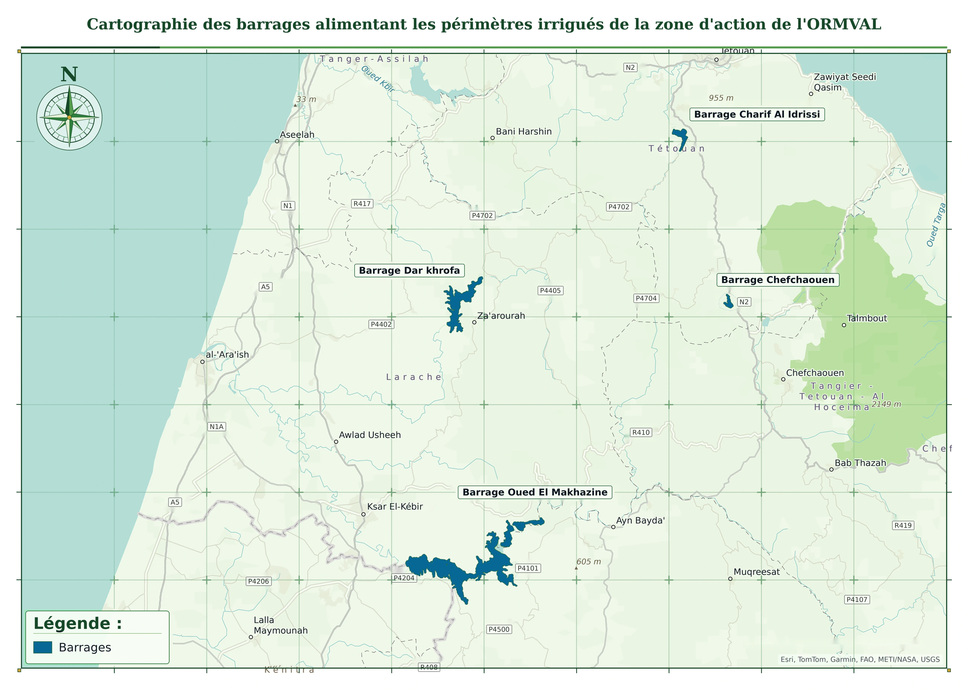 Carte des quatre barrages qui alimentent les périmètres irrigués de l'Office : Dar Khrofa près de Za'aroura, Oued El Makhazine au sud-est de Ksar El Kebir, Charif Al Idrissi près de Tétouan et Chefchaouen à l'est.