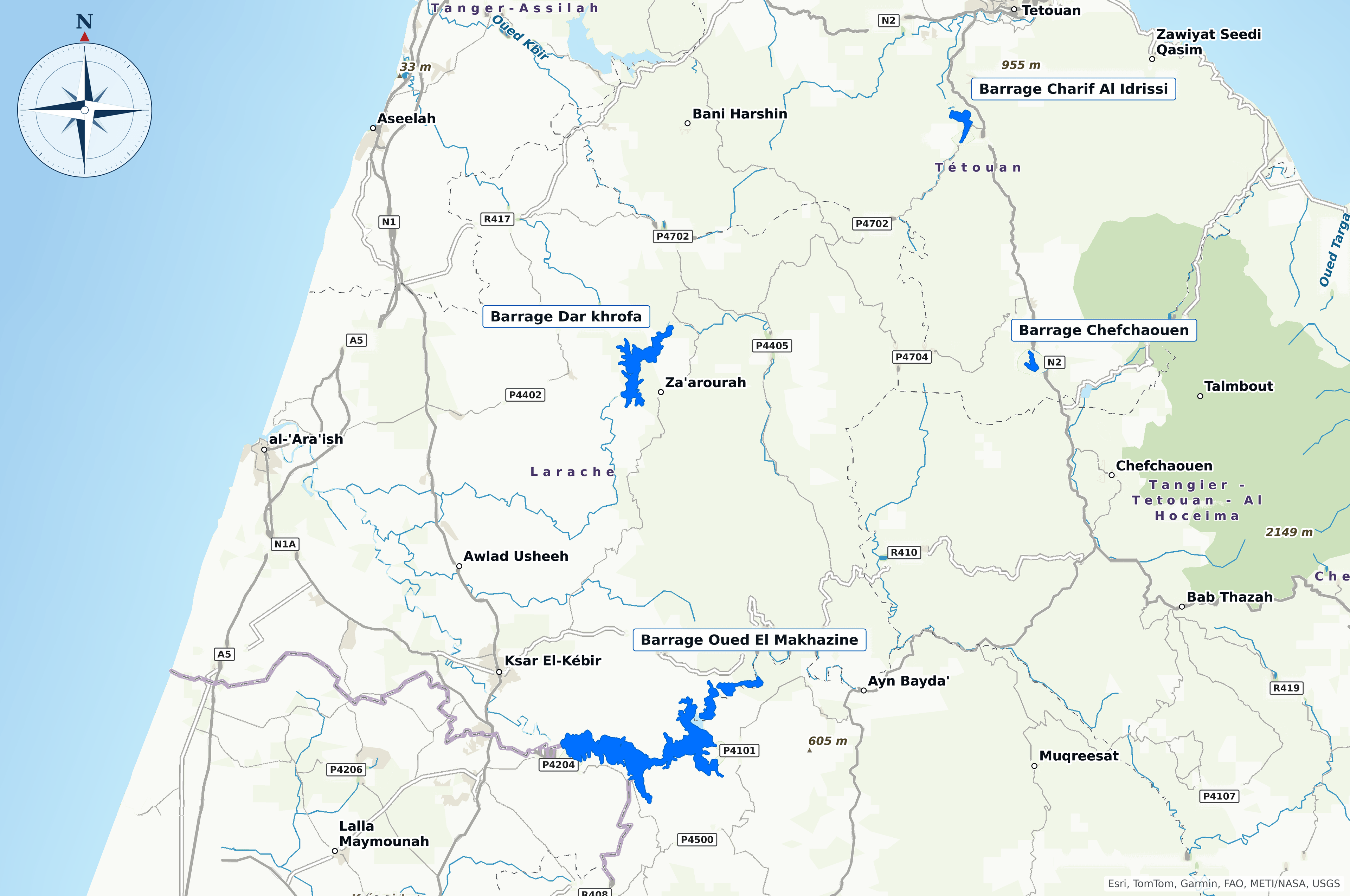 Carte des quatre barrages qui alimentent les périmètres irrigués de l'Office : Dar Khrofa près de Za'aroura, Oued El Makhazine au sud-est de Ksar El Kebir, Charif Al Idrissi près de Tétouan et Chefchaouen à l'est.