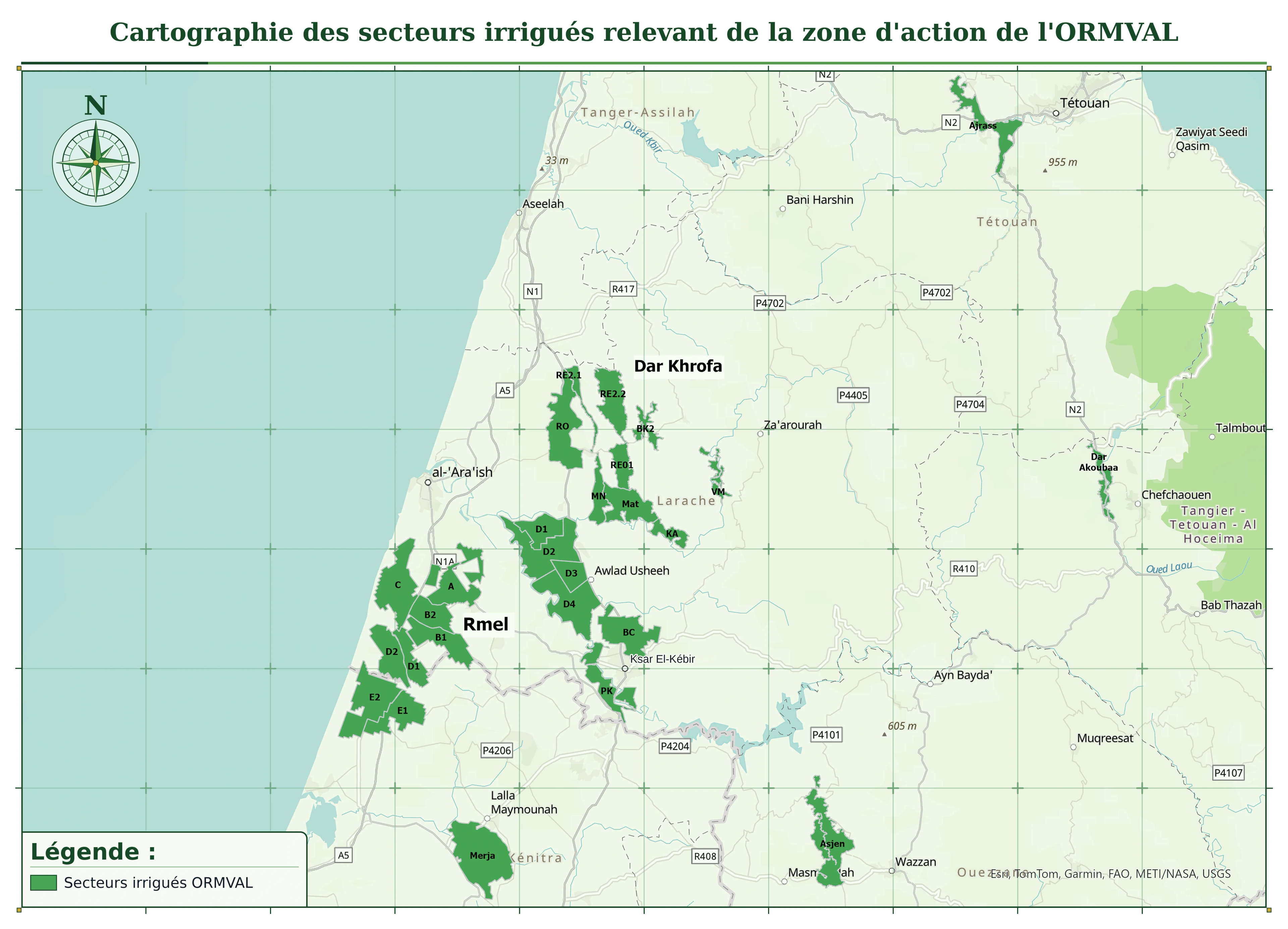 Carte des secteurs irrigués de l'Office : les secteurs du Rmel (A, B1, B2, C, D1, D2, E1, E2) le long de la côte, ceux de Dar Khrofa (RO, RE01, RE2.1, RE2.2, BK2, MN, Mat, KA, VM, D1 à D4, BC, PK) entre Larache et Ksar El Kebir, la Merja au sud, Asjen près de Masmouda, Dar Akoubaa près de Chefchaouen et Ajrass près de Tétouan.