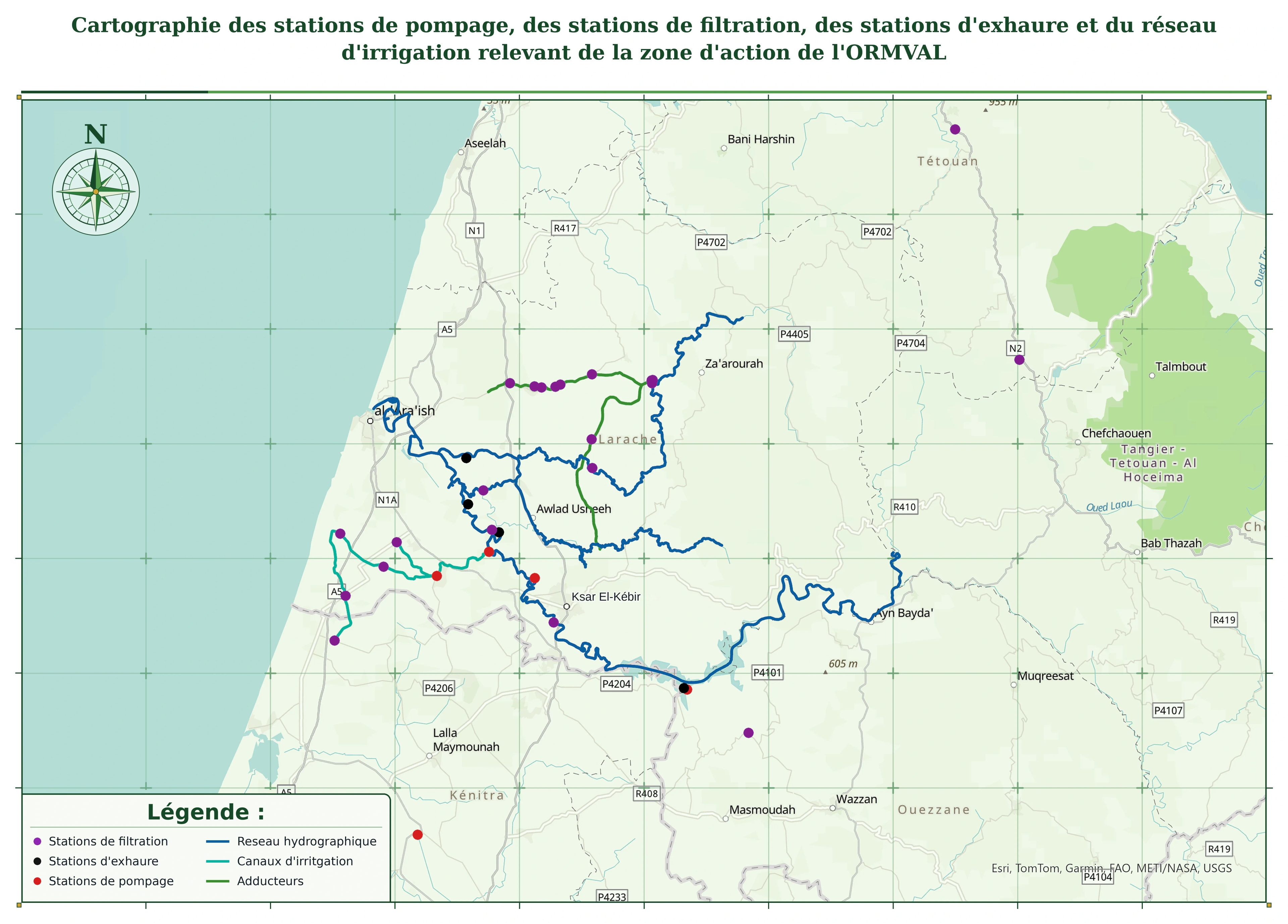 Carte du réseau d'irrigation de l'Office : le réseau hydrographique, les canaux d'irrigation et les adducteurs entre Larache, Ksar El Kebir et Tétouan, avec l'emplacement de chaque station de filtration, d'exhaure et de pompage.