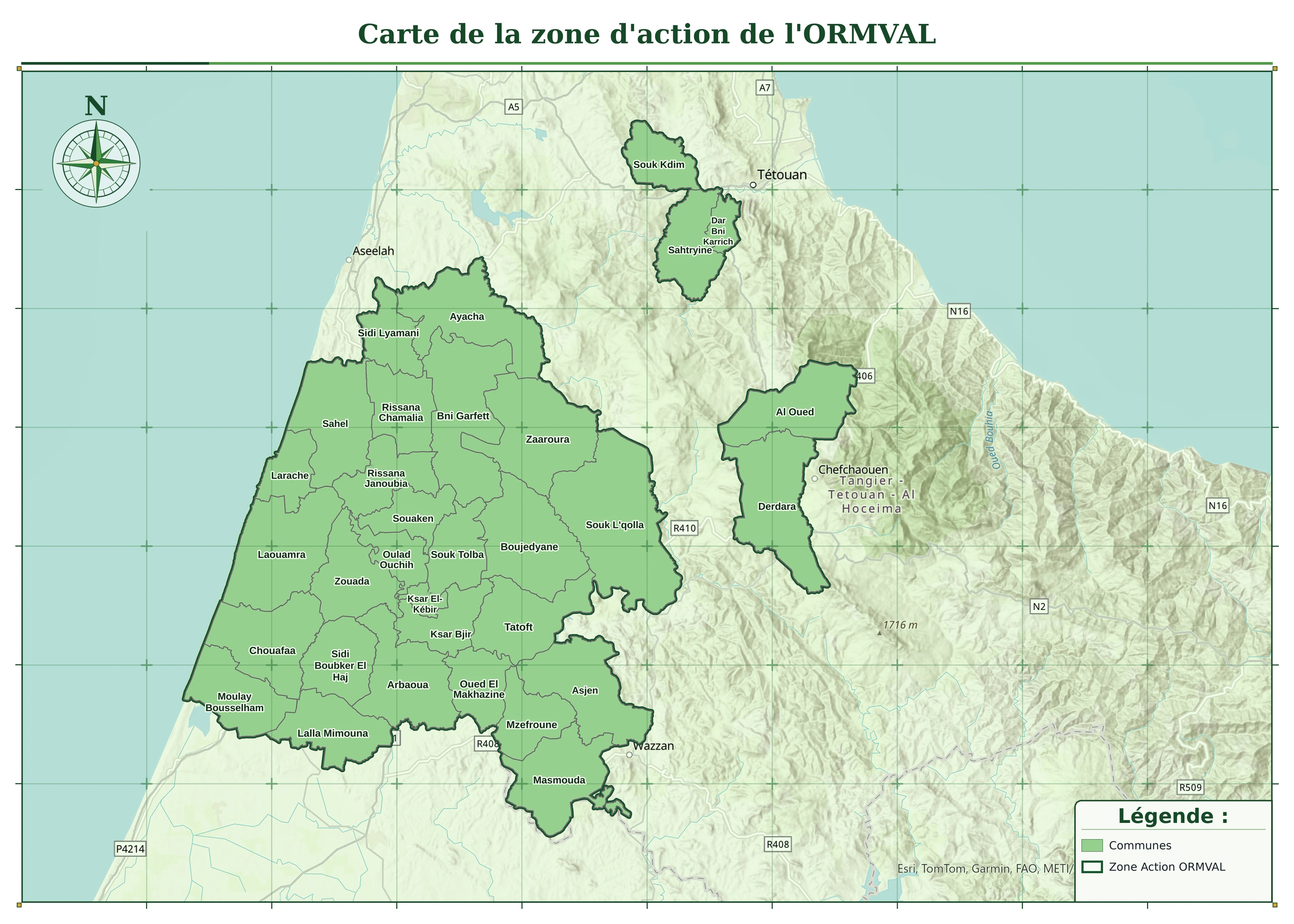 Carte de la zone d'action de l'ORMVAL détaillée par commune : d'Ayacha et Sidi Lyamani au nord jusqu'à Lalla Mimouna, Masmouda et Mzefroune au sud, autour de Larache et Ksar El Kebir, avec les enclaves de Souk Kdim et Sahtryine près de Tétouan et celles d'Al Oued et Derdara près de Chefchaouen.