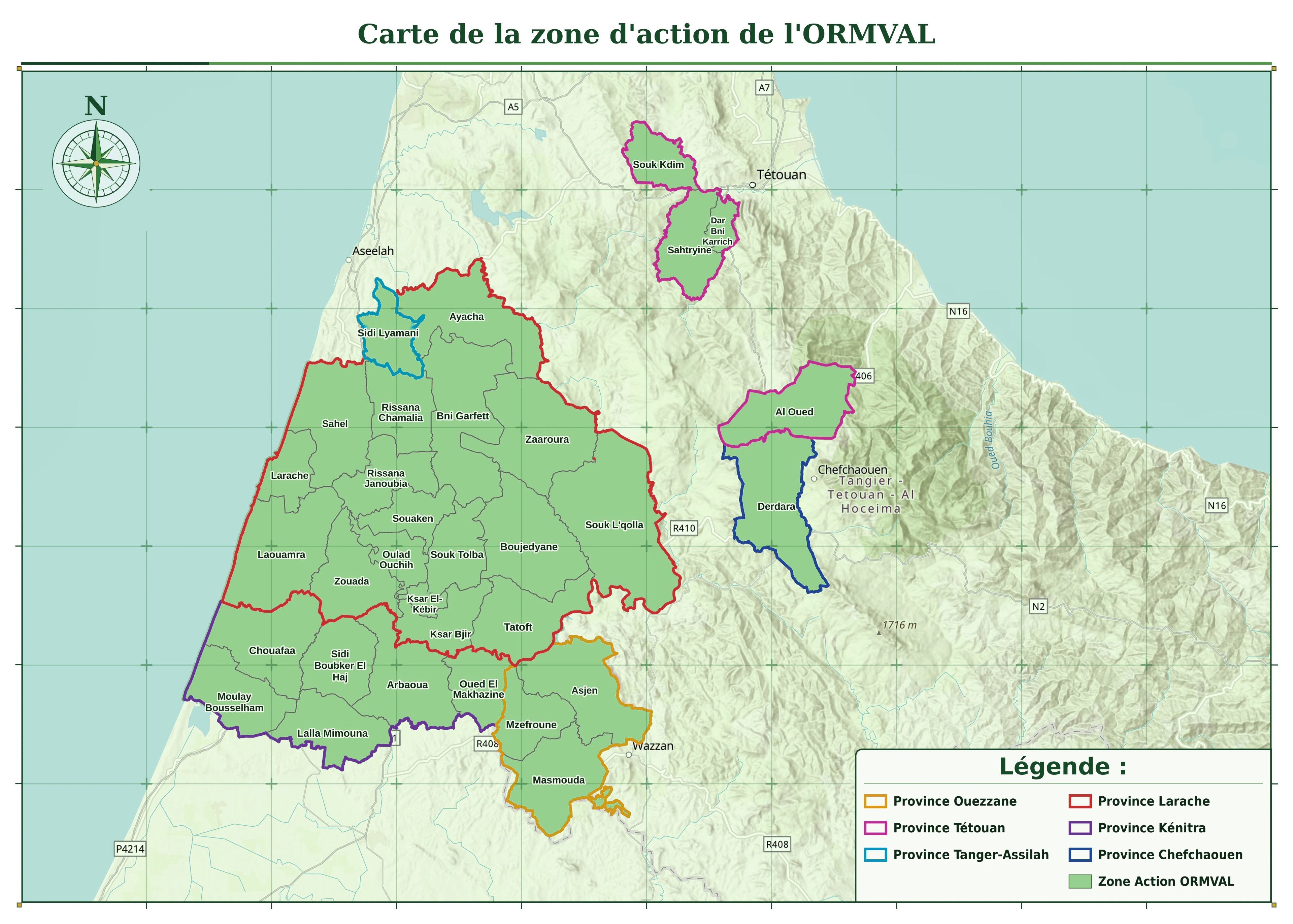 La même zone d'action répartie entre ses six provinces, chacune cernée d'une couleur : Larache, Tanger-Assilah, Tétouan, Chefchaouen, Ouezzane et Kénitra.