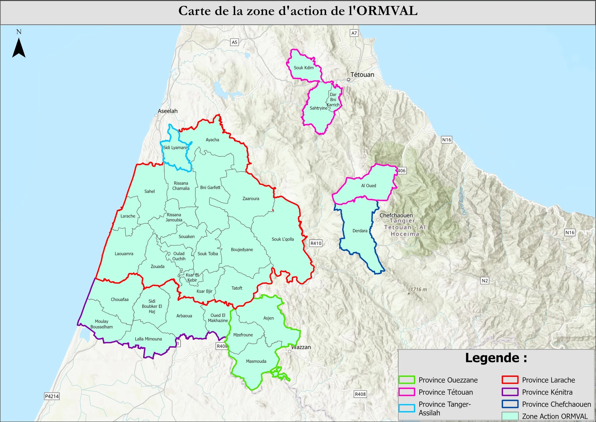 Carte de la zone d'action de l'ORMVAL répartie entre ses six provinces, chacune cernée d'une couleur : Larache au centre, Tanger-Assilah et Tétouan au nord, Chefchaouen à l'est, Ouezzane au sud-est et Kénitra au sud.